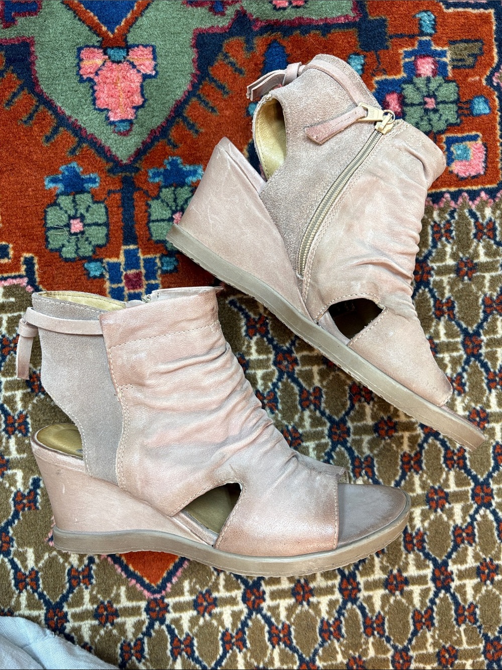 Miz Mooz Blush Pink Peep-Toe Wedge Booties